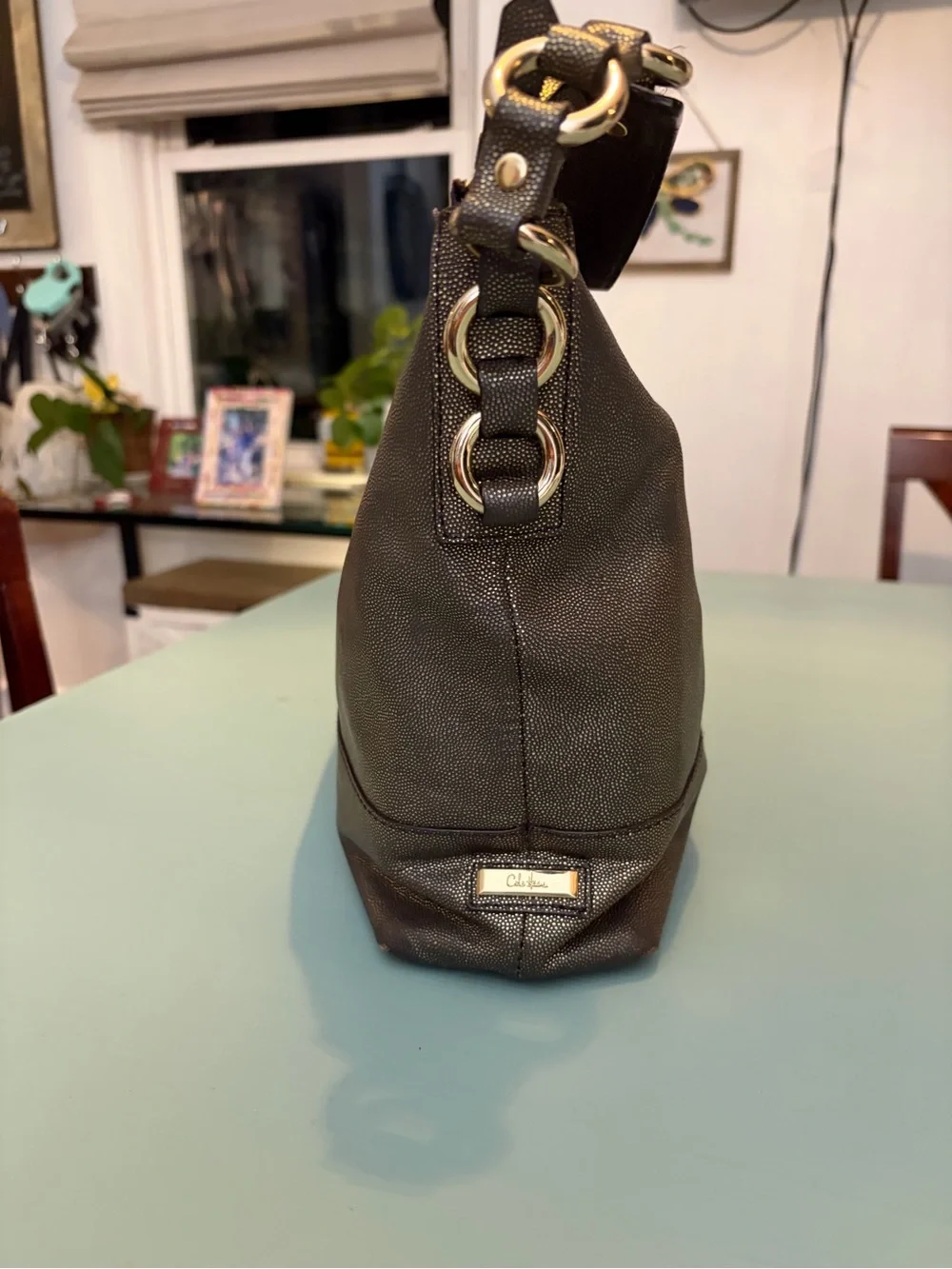 Cole Haan Metallic Charcoal Leather Hobo Shoulder Bag Ring Hardware